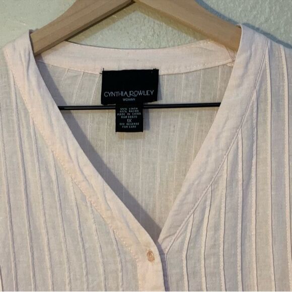CYNTHIA ROWLEY Crochet Trimmed Sleeve Hem Linen Button Up Women 1X Petal Pink. - Picture 3 of 14